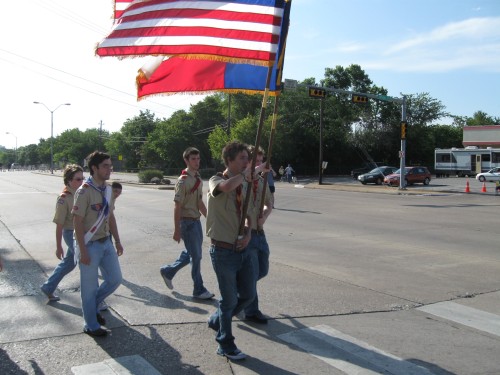 Scouts from Troop 355 and Pack 494 carry colors in 4th of July parade, Duncanville, Texas, 2009